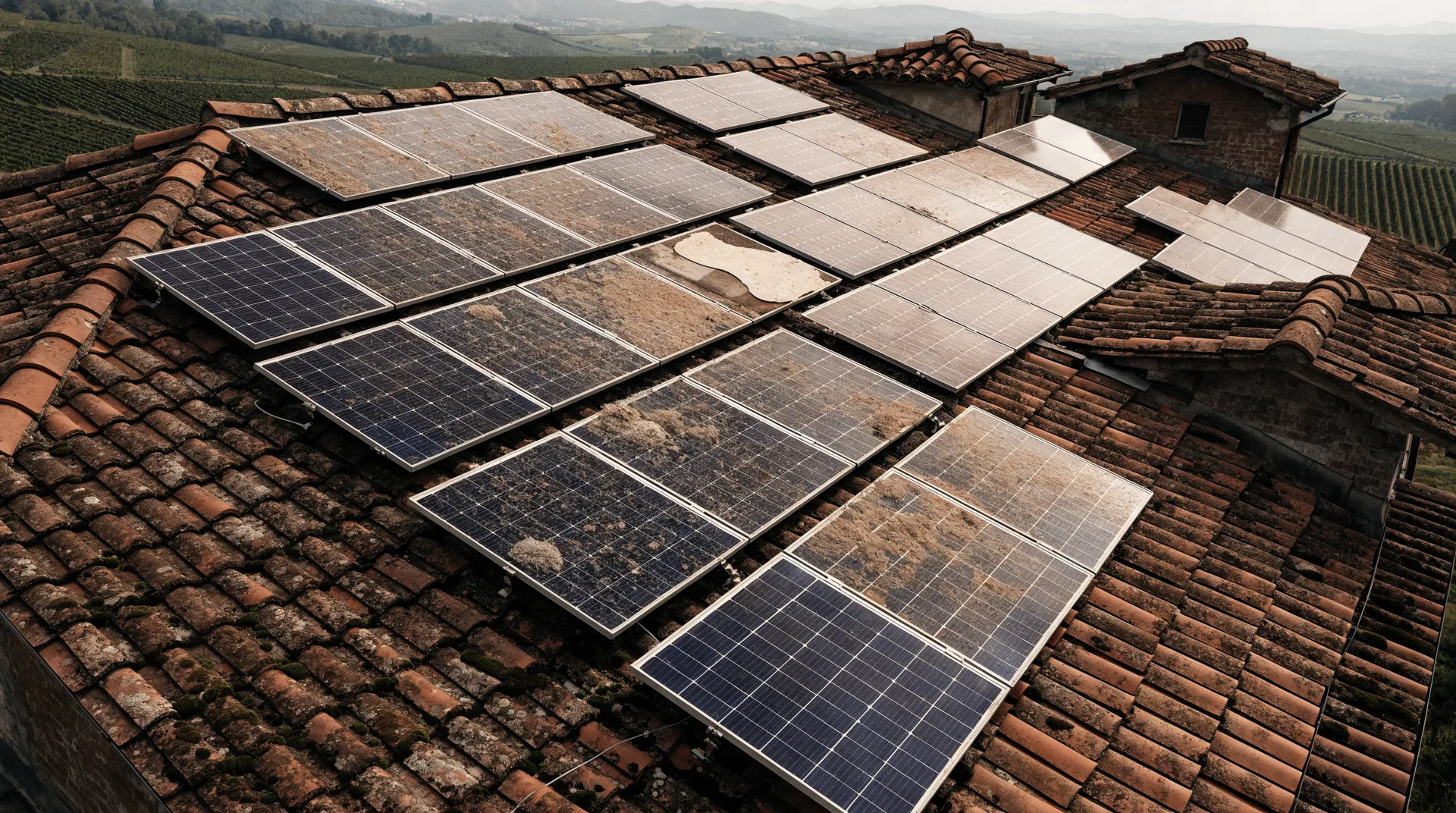 Tetto con impianto fotovoltaico prima del revamping: pannelli datati e ingialliti