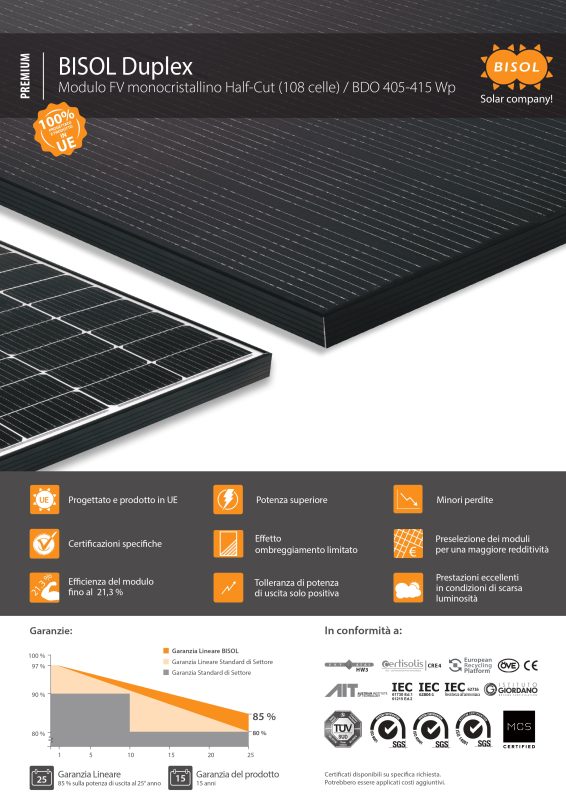 pannello fotovoltaico BISOL, Duplex BDO M10 IT 405-415 Wp, energia solare, alta efficienza,impianti fotovoltaici
