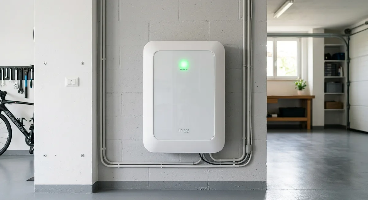 Batteria di accumulo fotovoltaico installata a parete in casa italiana moderna