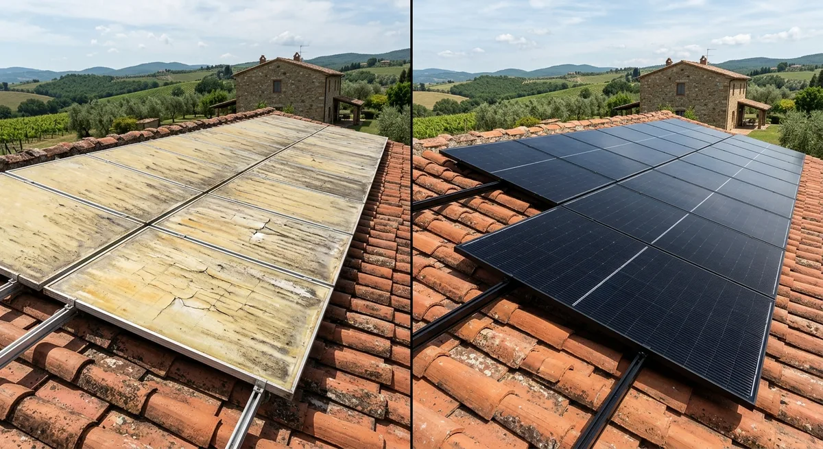 Confronto tra pannelli fotovoltaici vecchi degradati e pannelli moderni ad alta efficienza