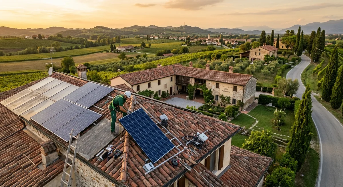 Tecnico che esegue il revamping fotovoltaico sostituendo pannelli solari su tetto italiano