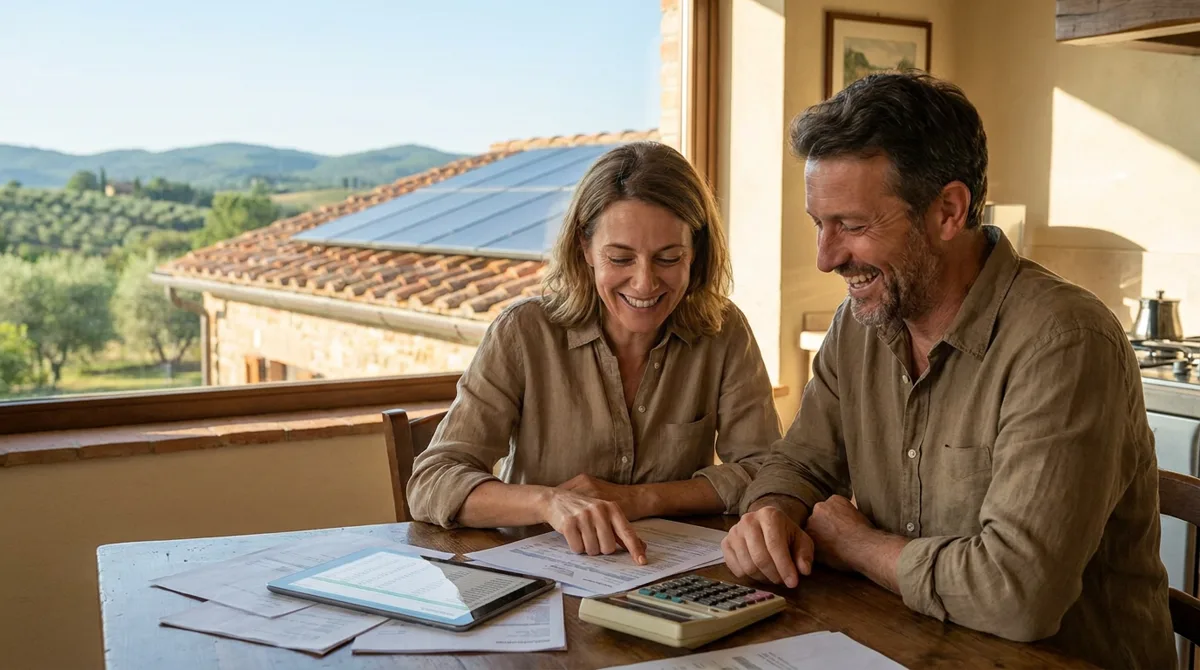 Famiglia che calcola gli incentivi fotovoltaico 2026 davanti a una casa con pannelli solari