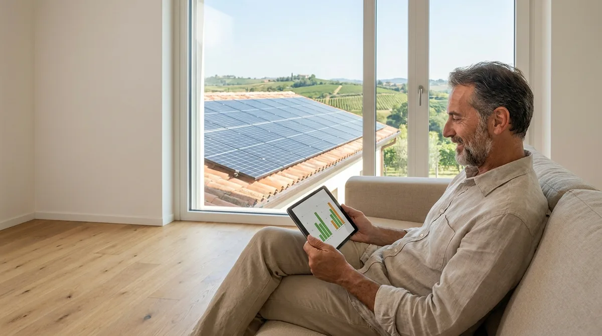 Proprietario di impianto fotovoltaico controlla i guadagni del Ritiro Dedicato GSE su tablet